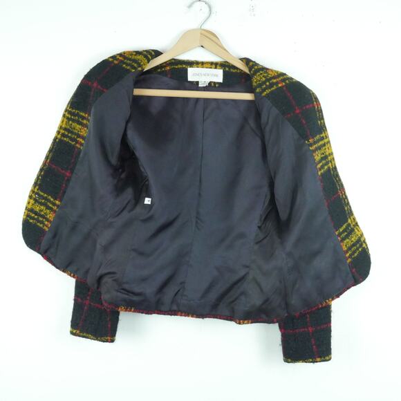 Vintage Size 4 Jacket Crop Blazer 90s Elegant Luxury Plaid Yellow Black Tweed - Picture 9 of 9